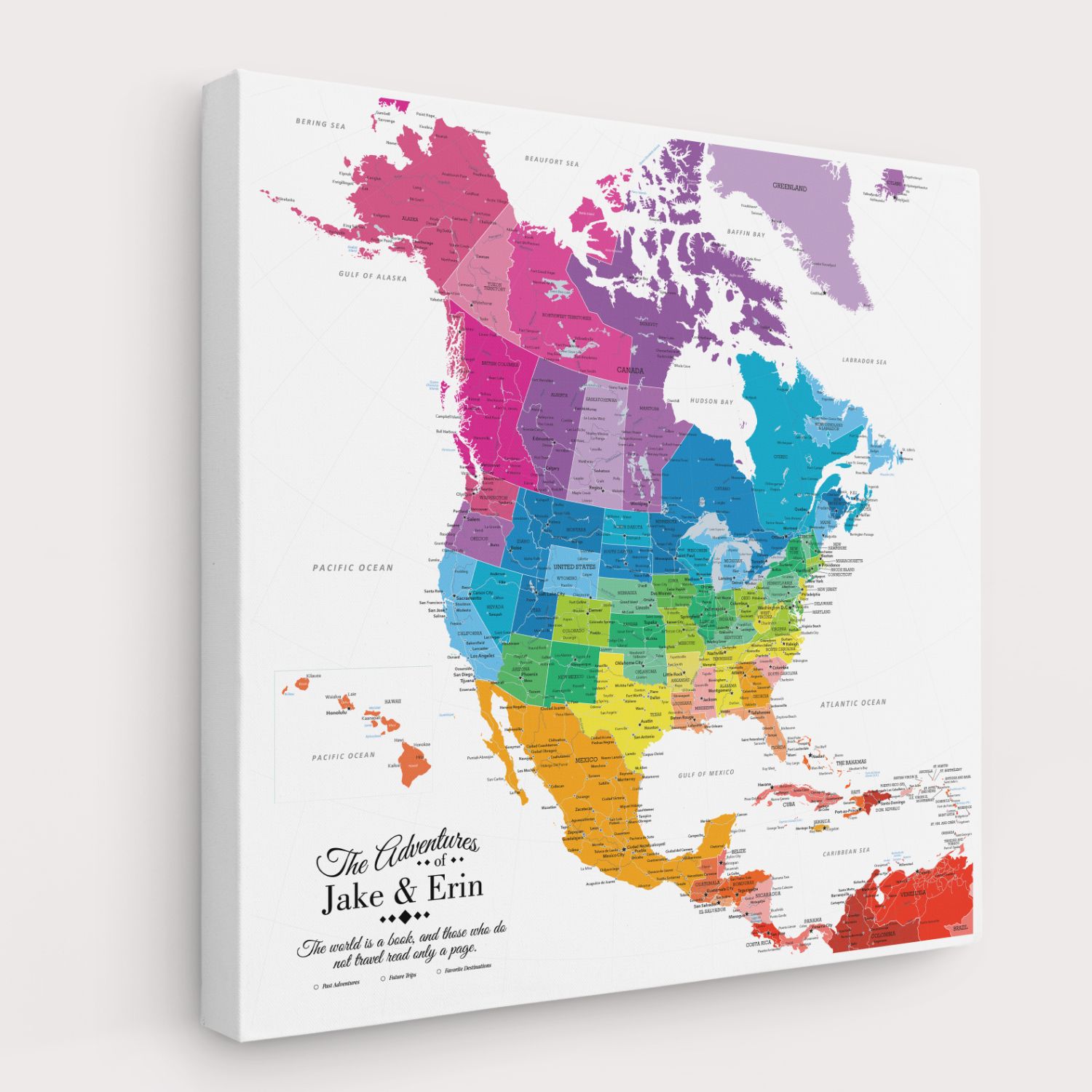 Colorful North America travel map canvas gallery wrap personalized with Jake Erin names