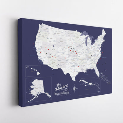 Navy blue gallery wrapped canvas USA travel map with red and black push pins marking visited locations