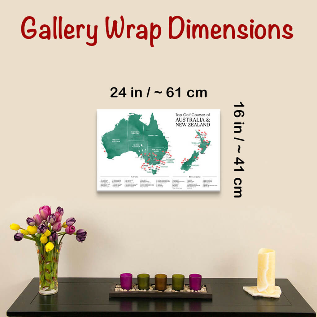 Gallery Wrapped Dimensions of 16&quot; x 24&quot; Size  Australia and New Zealand Golf Courses Map