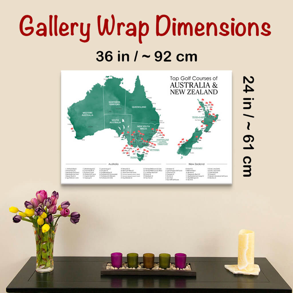 Gallery Wrapped Dimensions of 24&quot; x 36&quot; Size Australia and New Zealand Golf Courses Map