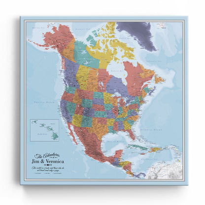 Personalized Blue Oceans North America travel map canvas with colorful push pins tracking adventures