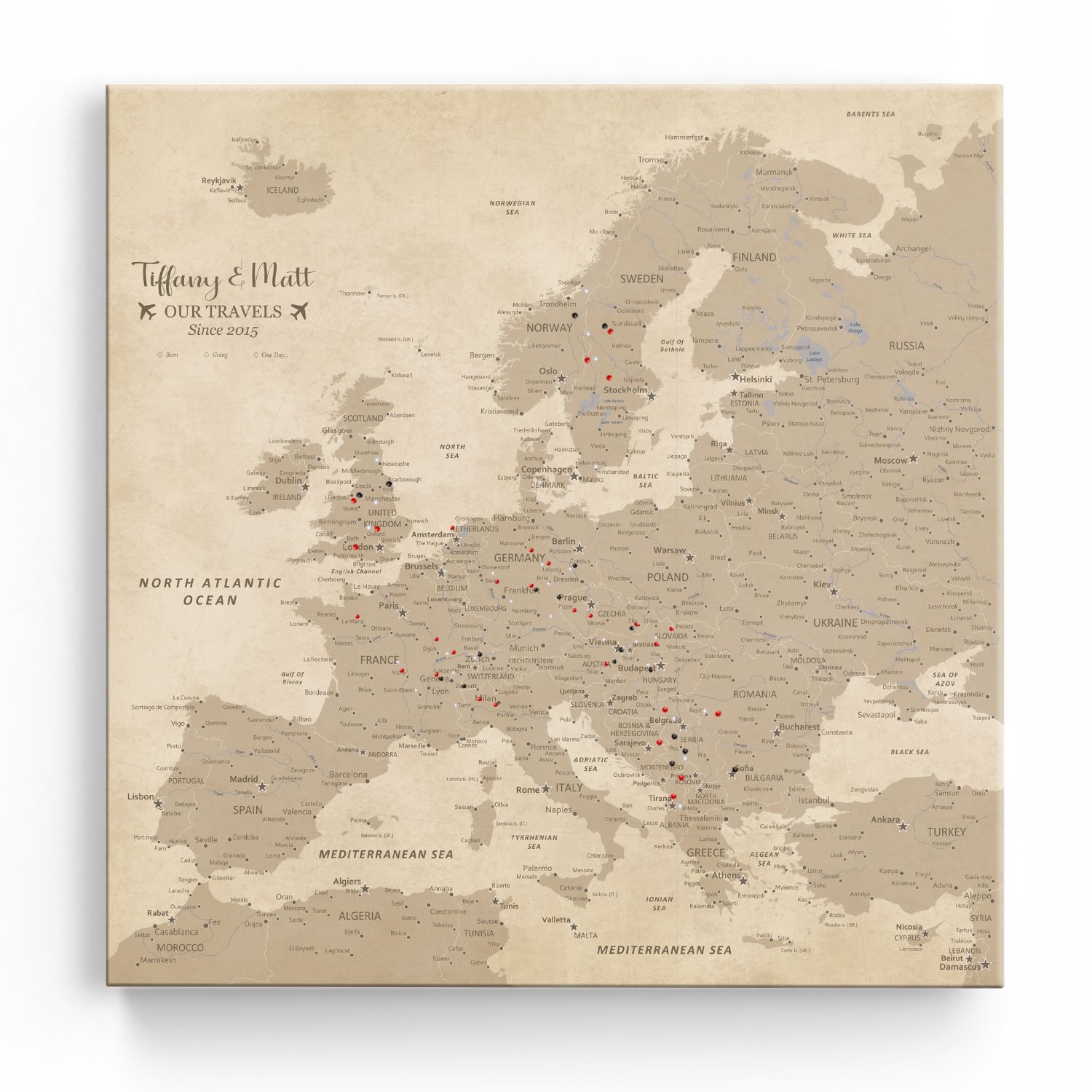 Personalized vintage Europe push pin canvas map with sepia tones tracking travels since 2015