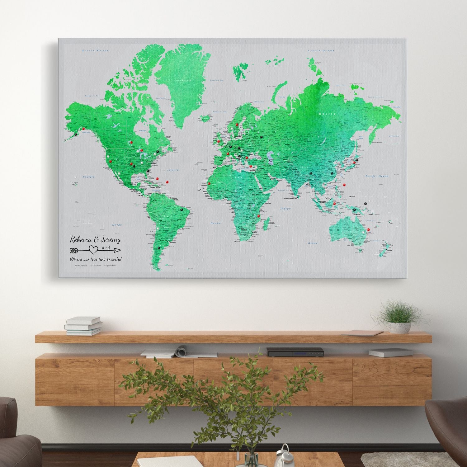 Gallery Wrapped - Enchanting Emerald Watercolor World Travel Map with pins