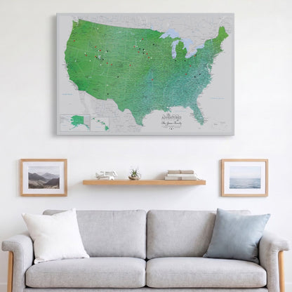 Enchanting Emerald watercolor USA travel map canvas with colorful push pins hung above living room sofa
