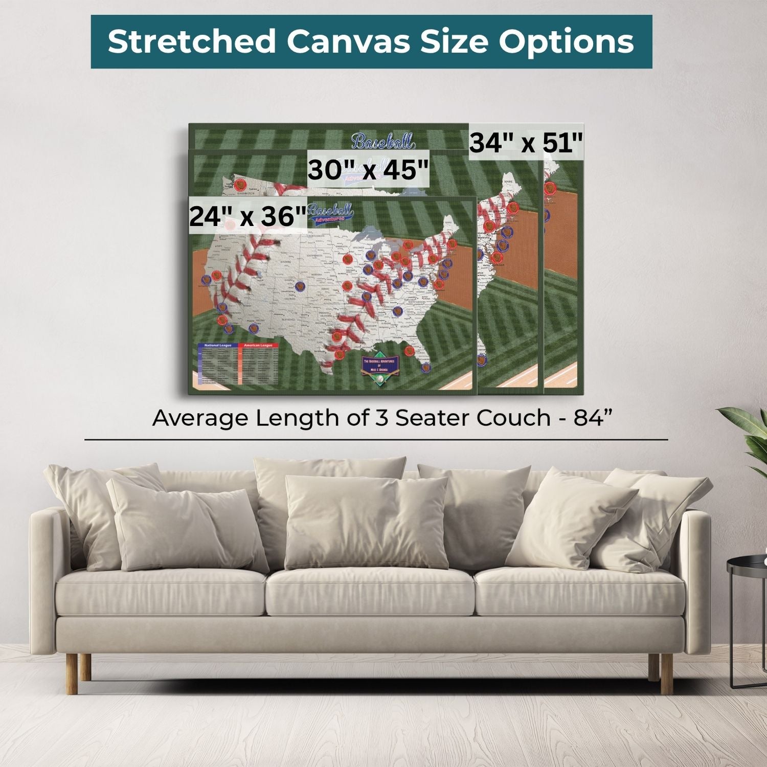 Baseball Adventures travel map stretched canvas size options displayed above beige living room sofa