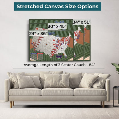 Baseball Adventures travel map stretched canvas size options displayed above beige living room sofa