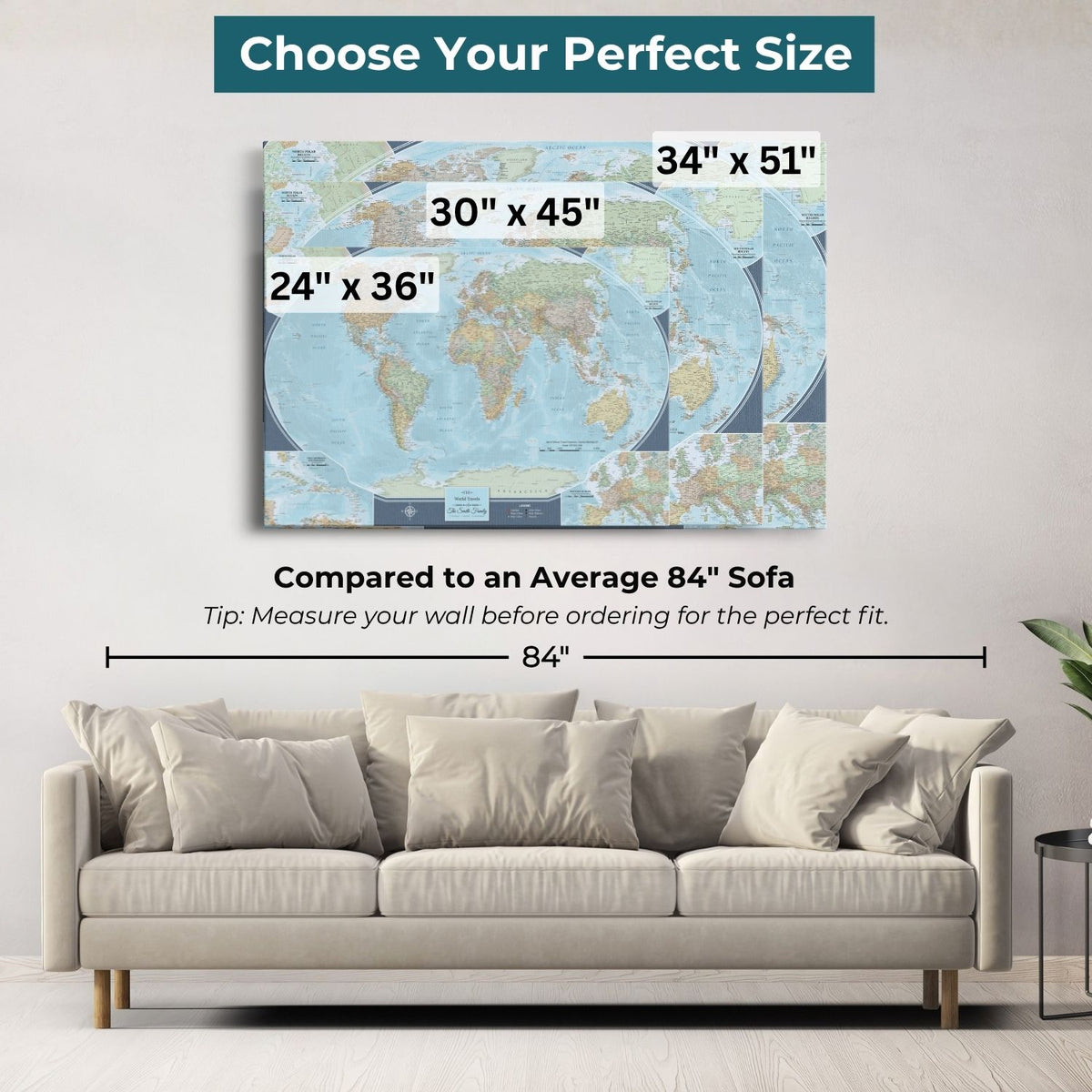 Gallery Wrapped - Signature World Travel Map with pins - Stretched Canvas
