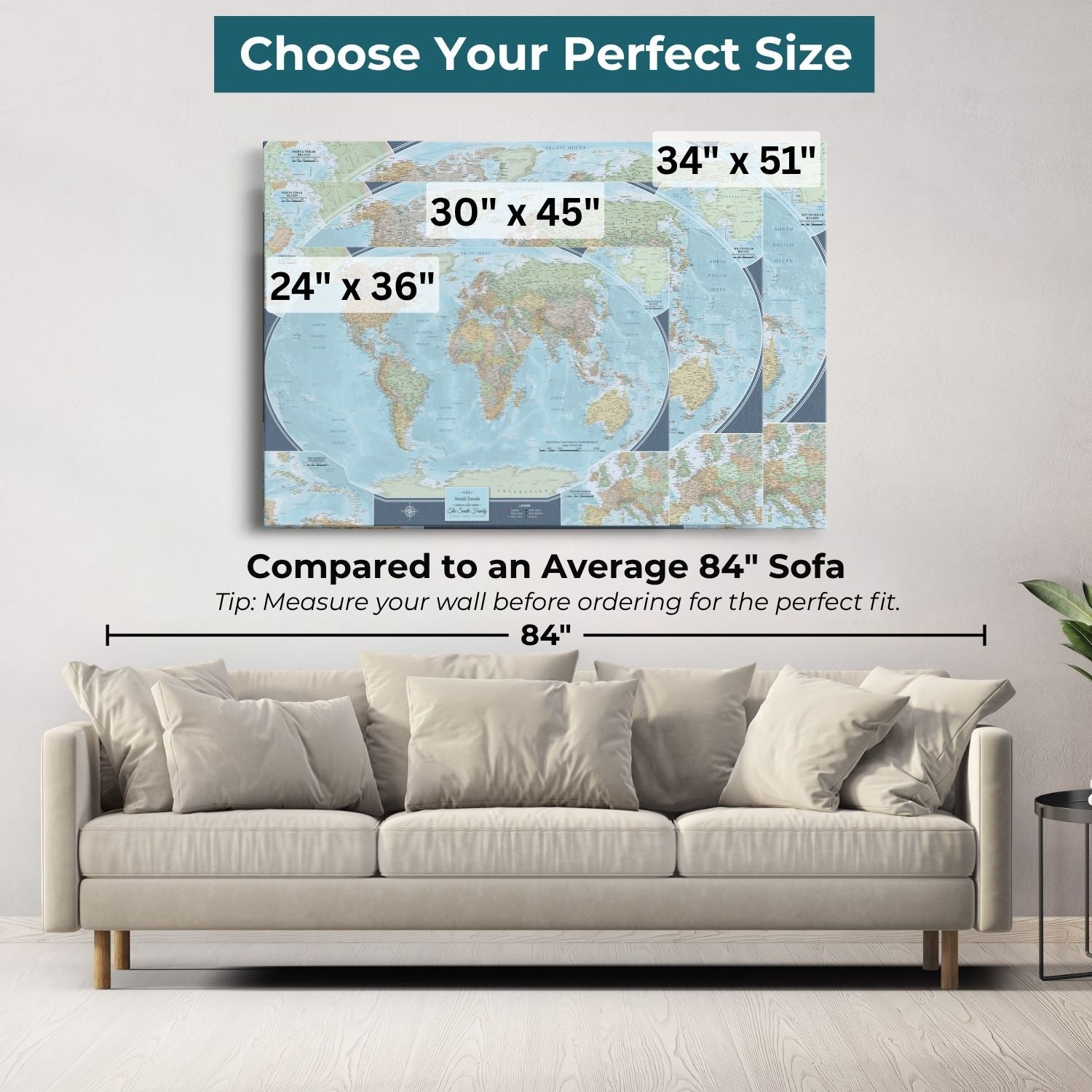 Gallery Wrapped - Signature World Travel Map with pins - Stretched Canvas
