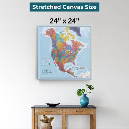 24x24 inch gallery wrapped Blue Oceans North America travel map canvas hanging above wooden console table