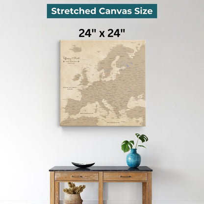 24x24 inch vintage Europe travel map canvas wall art displayed above wooden console table with blue vase