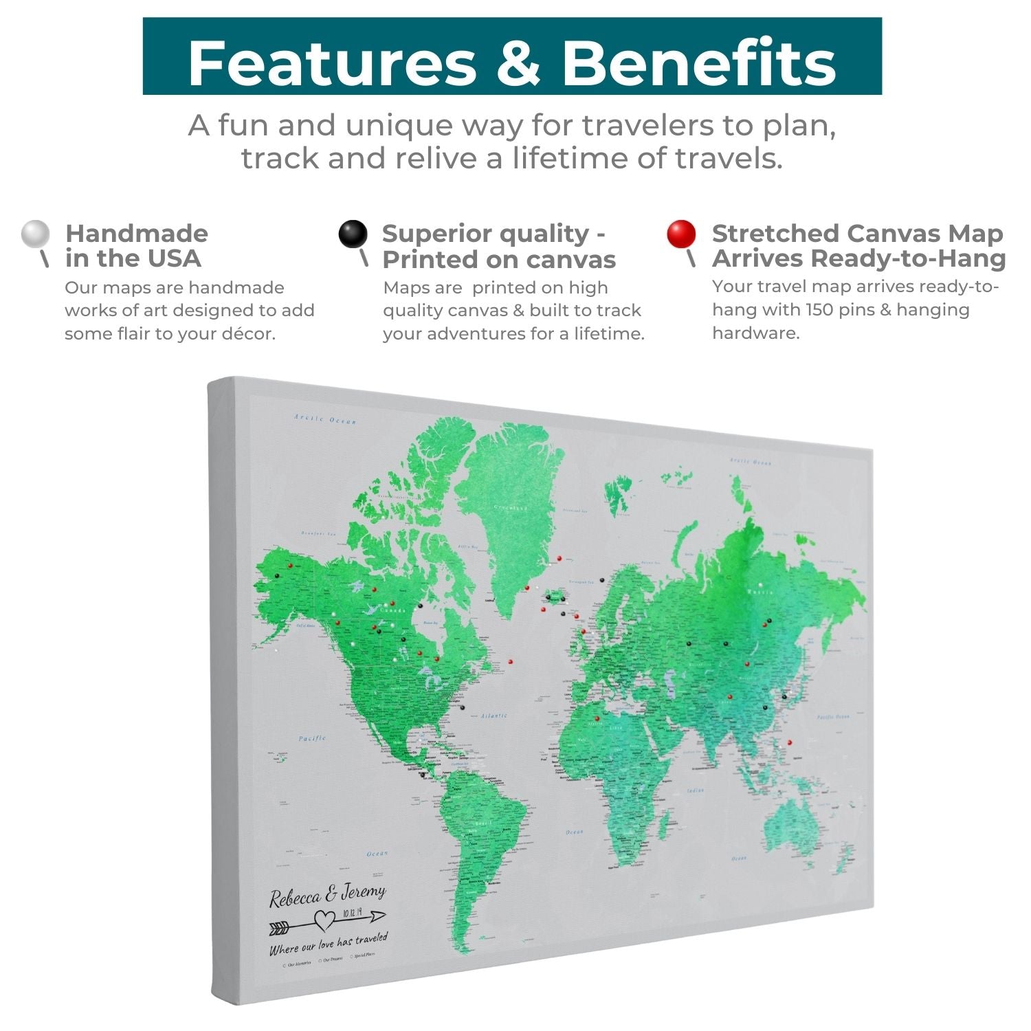 Gallery Wrapped - Enchanting Emerald Watercolor World Travel Map with pins