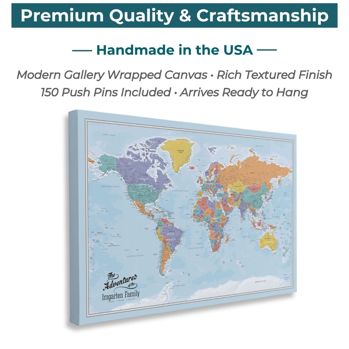 Gallery Wrapped - Blue Oceans World Travel Map with pins