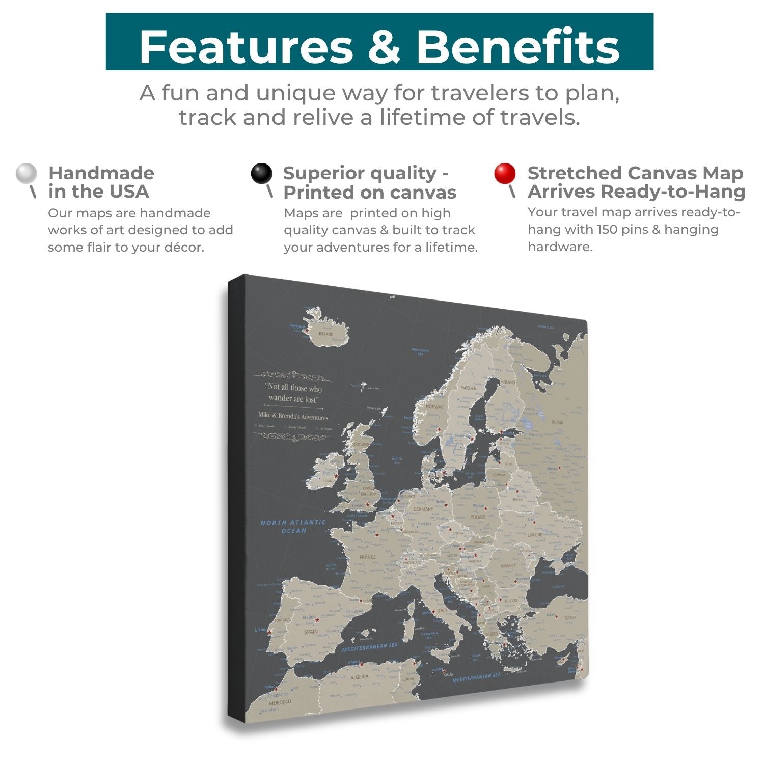 Earth toned Europe travel map canvas features and benefits infographic with pins