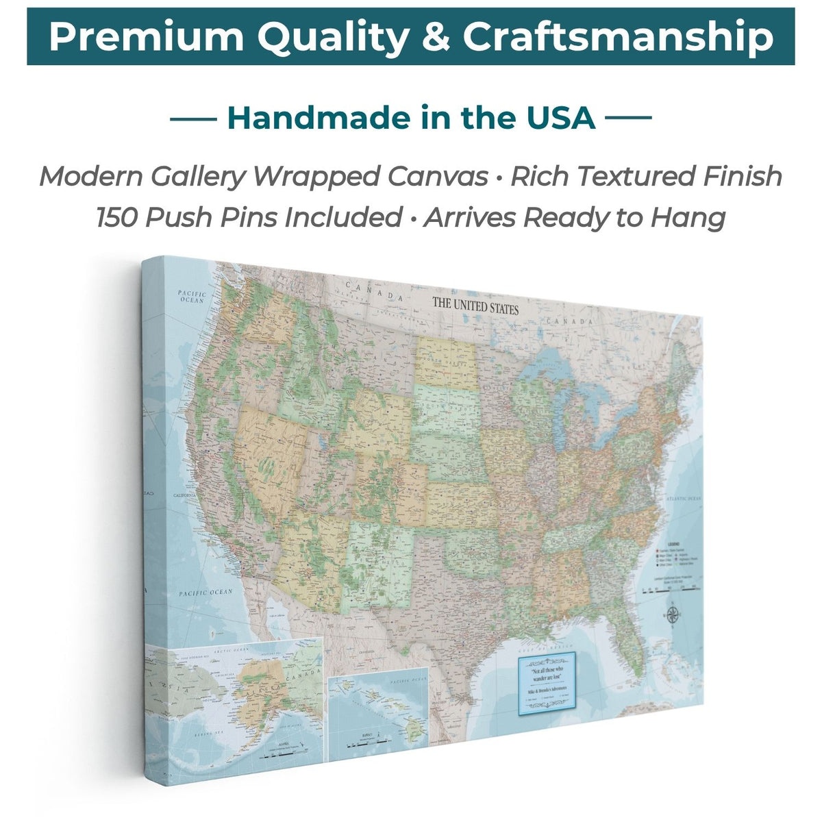 Gallery Wrapped - Signature USA Travel Map with pins - Stretched Canvas