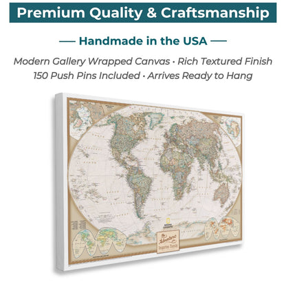 Gallery Wrapped - Executive World Travel Map with pins