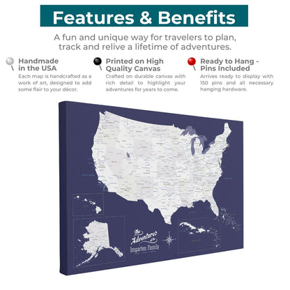 Navy canvas USA Caribbean travel map features benefits infographic with push pins included