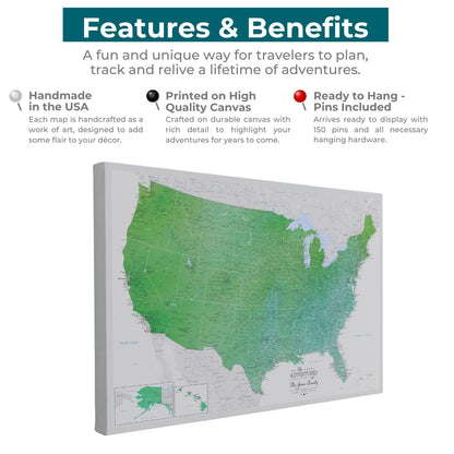 Enchanting Emerald Watercolor US Travel Map canvas features and benefits infographic with green USA pin map