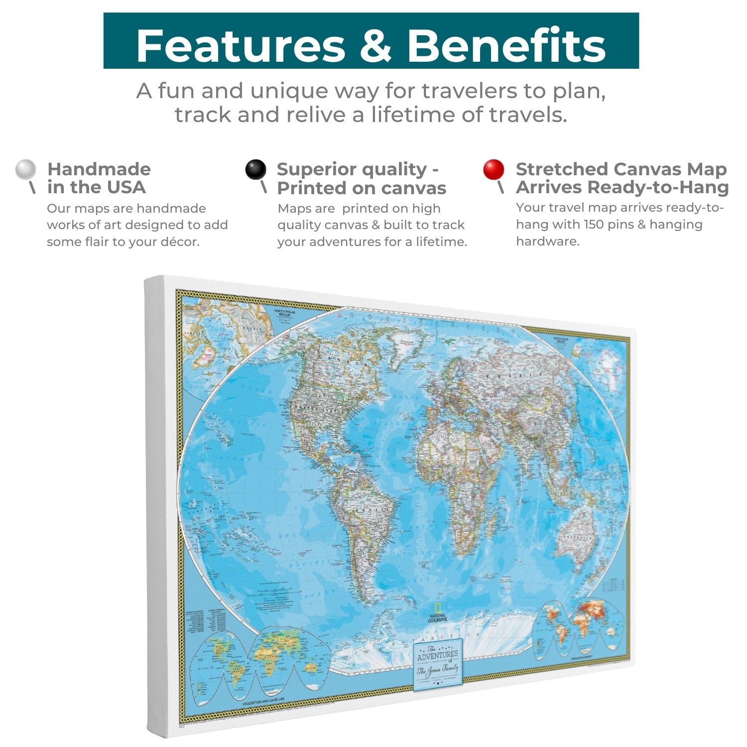 Gallery Wrapped - Classic World Travel Map with pins