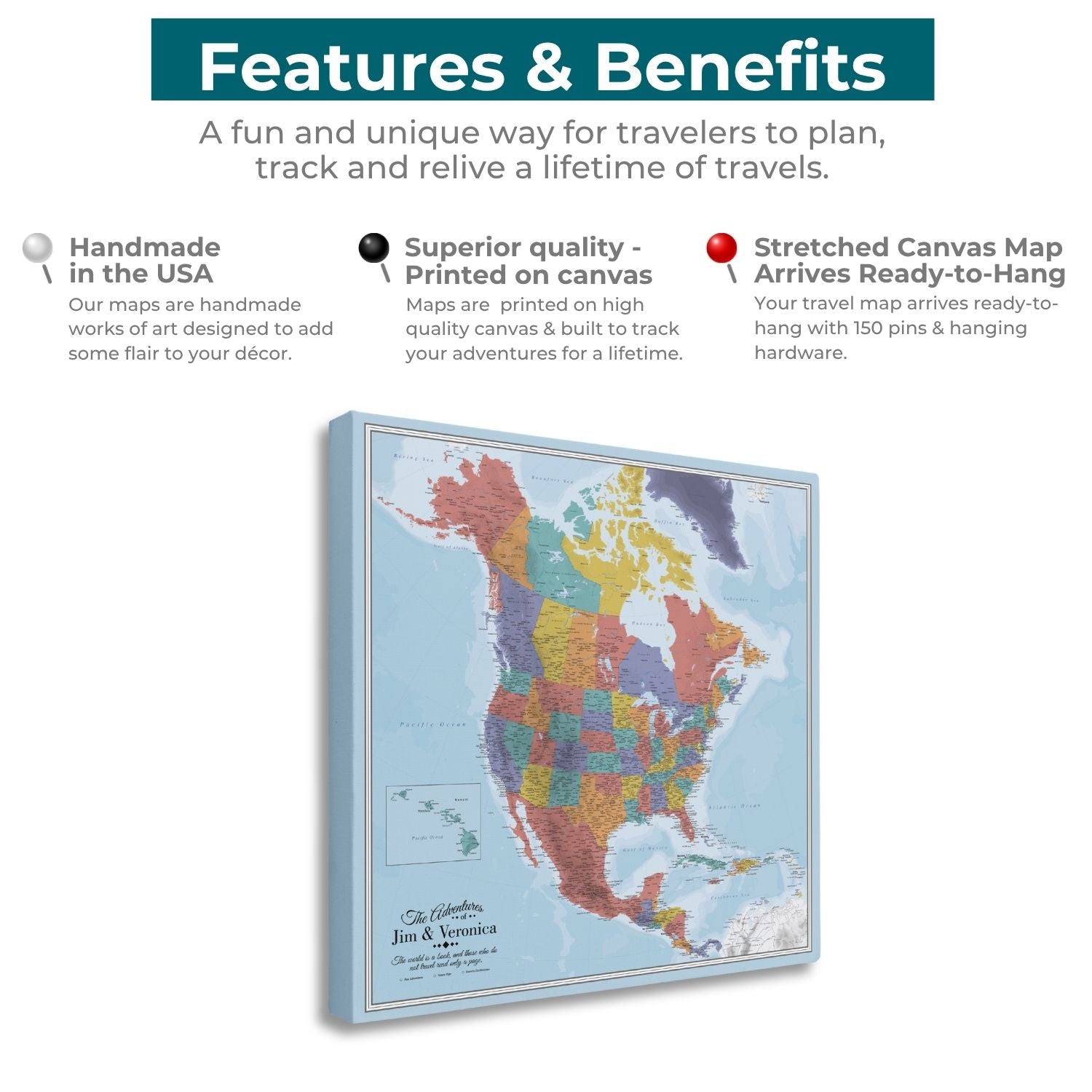 Features and benefits graphic showing Blue Oceans North America canvas travel map with colorful pins