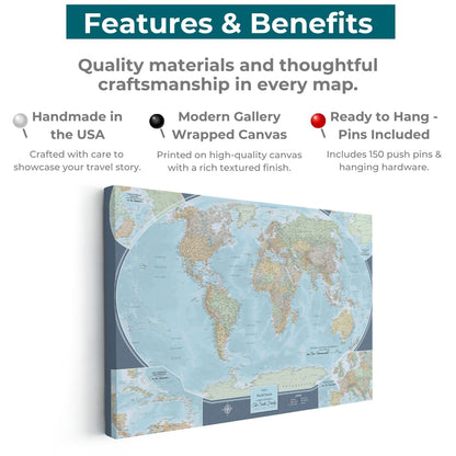 Gallery Wrapped - Signature World Travel Map with pins - Stretched Canvas
