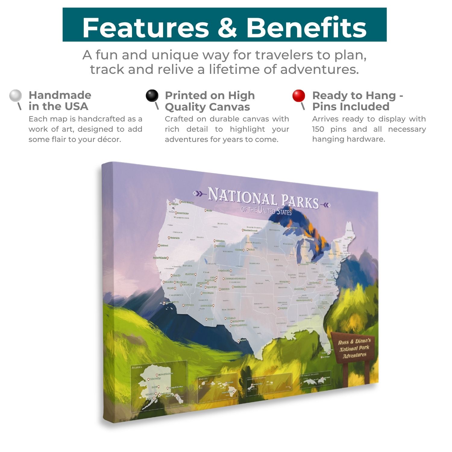 Gallery Wrapped - National Parks Watercolor Travel Map with pins