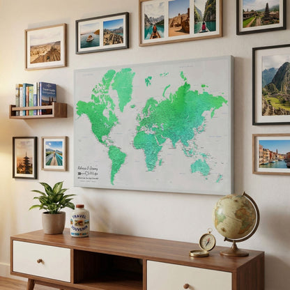 Gallery Wrapped - Enchanting Emerald Watercolor World Travel Map with pins