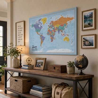 Gallery Wrapped - Blue Oceans World Travel Map with pins