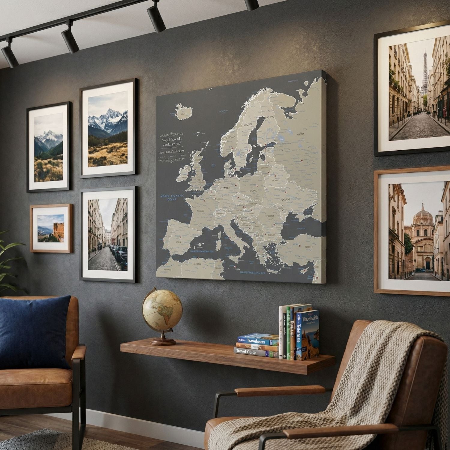 Earth toned Europe travel map canvas gallery wrap displayed in stylish travel-themed living room