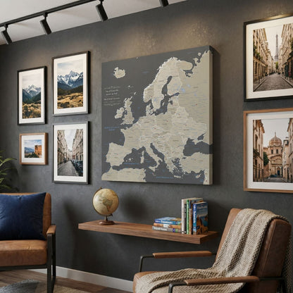 Earth toned Europe travel map canvas gallery wrap displayed in stylish travel-themed living room