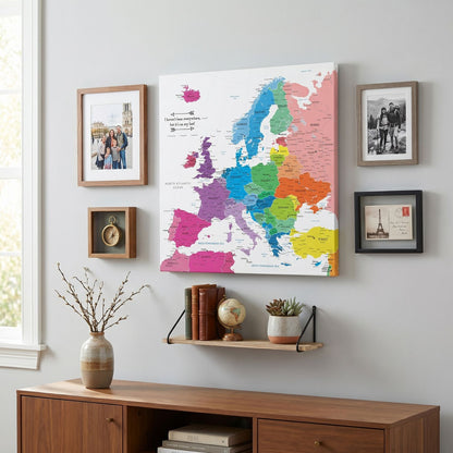 Colorful Europe travel map canvas gallery wall display with travel photos compass and globe decor