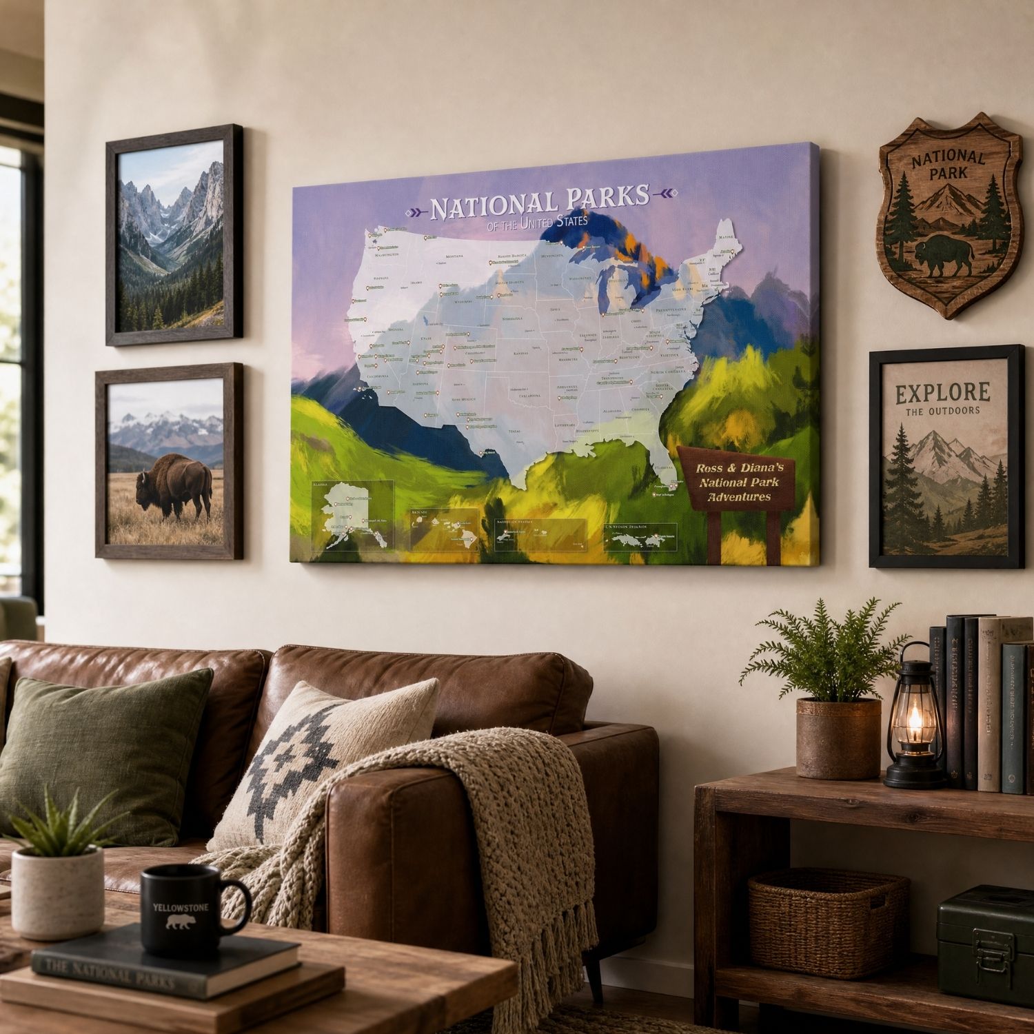 Gallery Wrapped - National Parks Watercolor Travel Map with pins