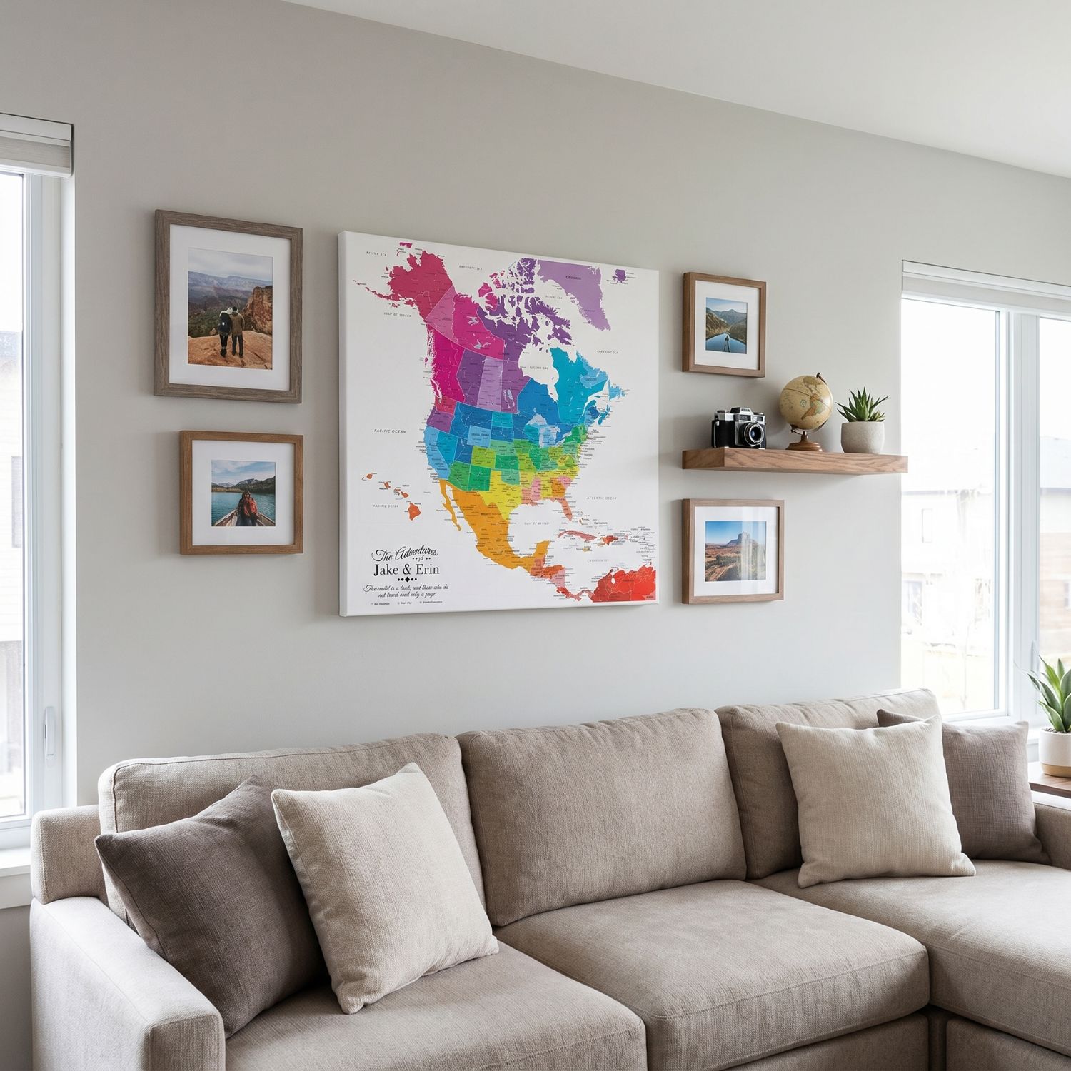 Colorful North America travel map canvas hung above beige sectional sofa in modern living room