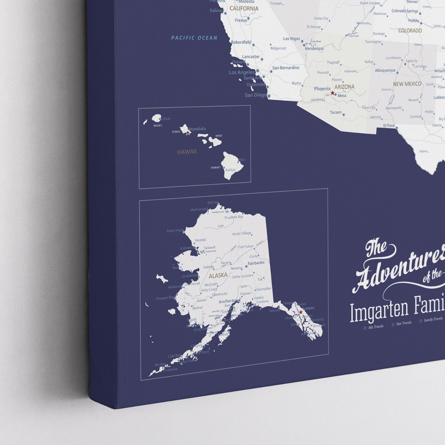 Angled corner view of navy blue canvas USA travel map with Alaska and Hawaii insets
