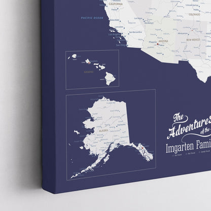 Angled corner view of navy blue canvas USA travel map with Alaska and Hawaii insets