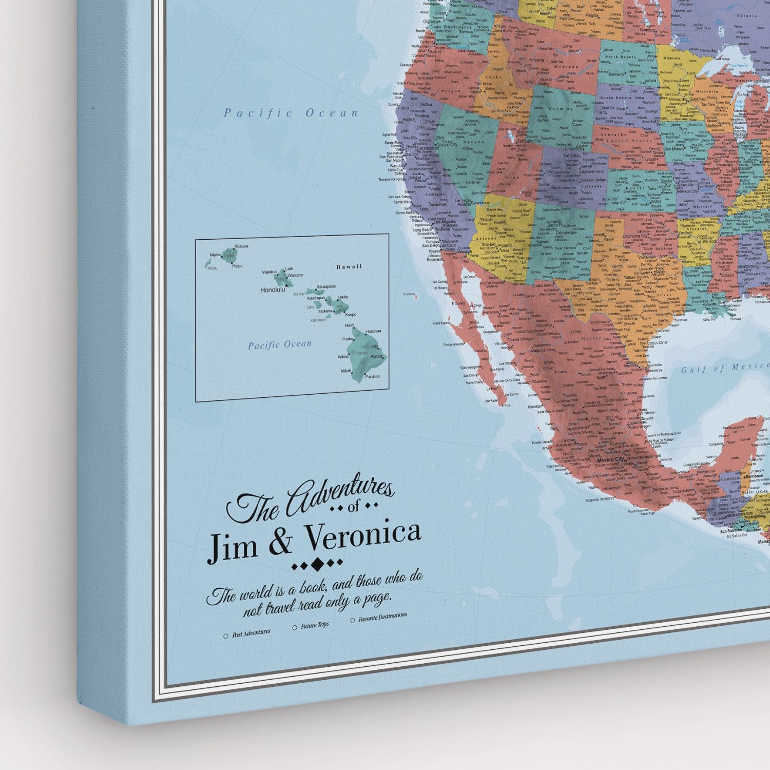 Personalized blue oceans North America travel map canvas with custom names Jim and Veronica