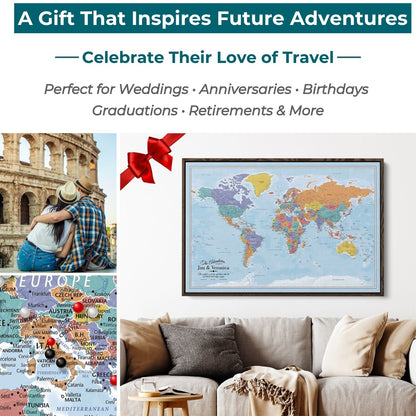 Gallery Wrapped - Blue Oceans World Travel Map with pins