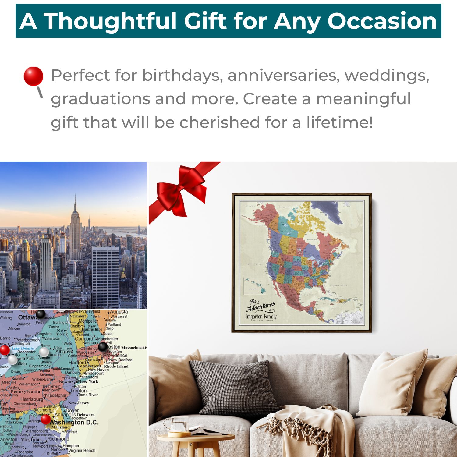 Framed tan oceans North America push pin travel map displayed as thoughtful gift idea