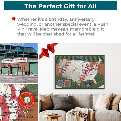 Baseball Adventures push pin travel map displayed above living room sofa with red gift bow