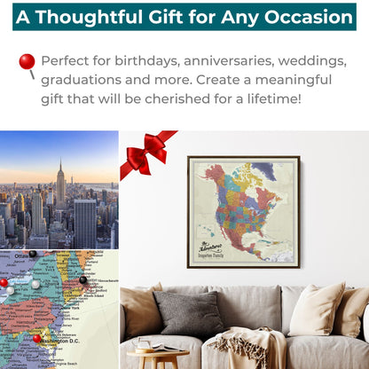 Personalized North America push pin travel map canvas gift displayed above living room sofa