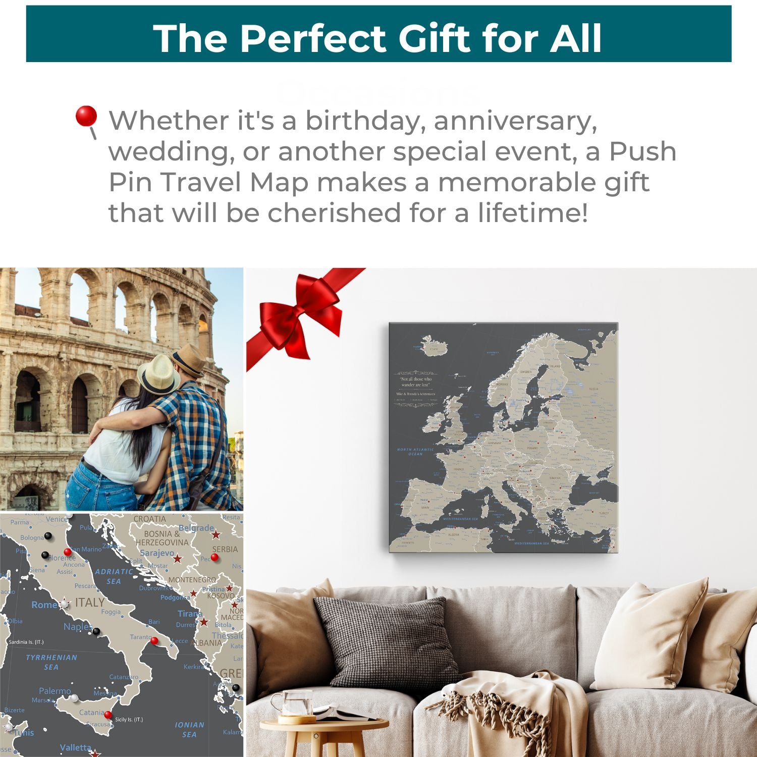 Earth toned Europe push pin travel map canvas displayed above cozy living room sofa as perfect gift