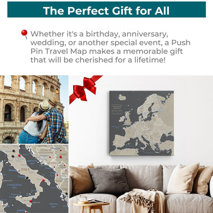 Earth toned Europe push pin travel map canvas displayed above cozy living room sofa as perfect gift
