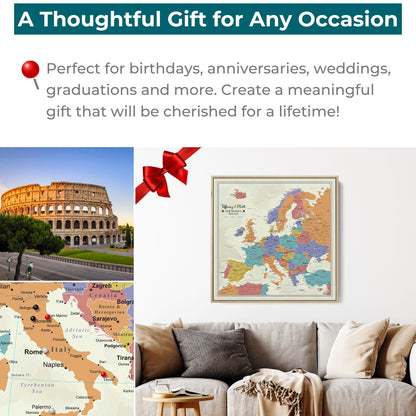 Personalized Europe push pin travel map canvas gift idea displayed above living room sofa