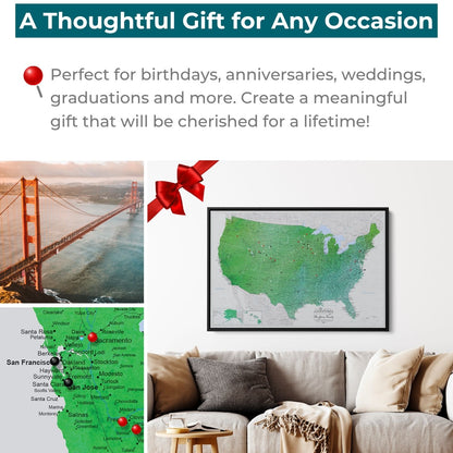 Enchanting Emerald watercolor USA travel map canvas gift displayed above living room sofa with red bow