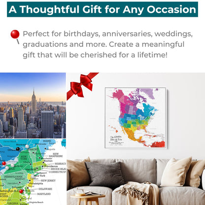 Colorful North America travel map with pins displayed above living room sofa thoughtful personalized gift