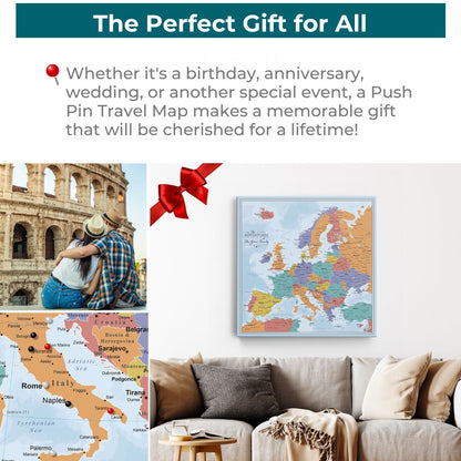 Personalized blue oceans Europe push pin travel map with gallery wrap displayed above couch as gift idea