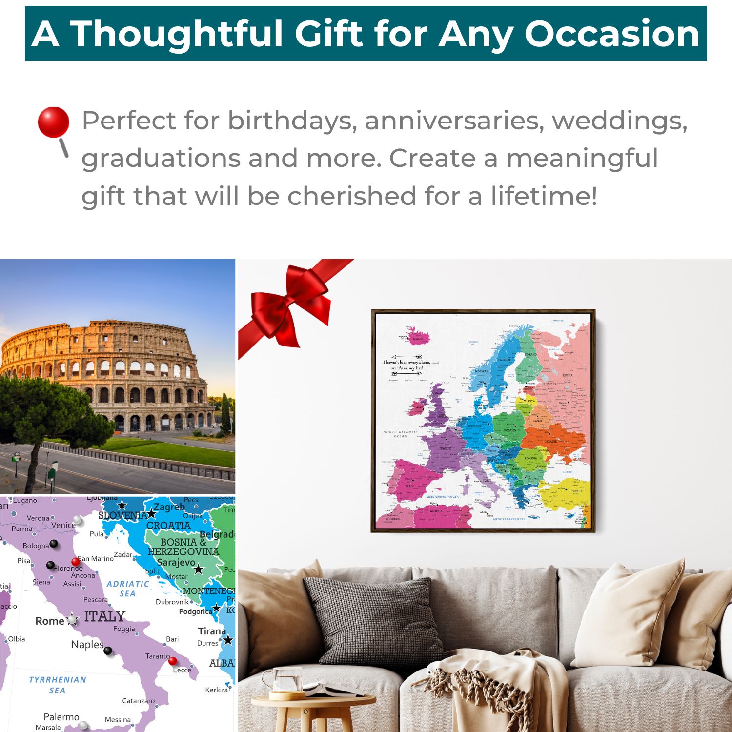 Colorful Europe travel map canvas framed on wall shown as thoughtful gift occasion