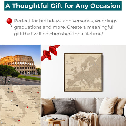 Vintage Europe travel map canvas gift idea displayed over couch with red bow and Rome landmark collage