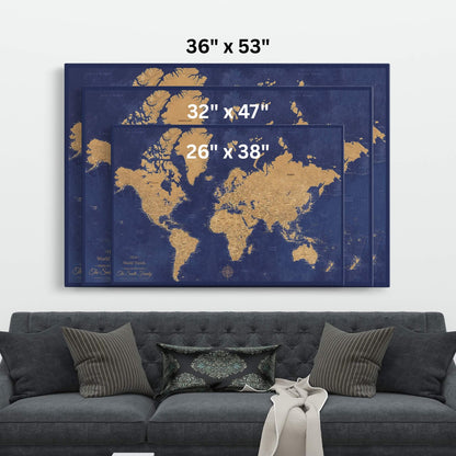 Canvas - Gold & Navy World Travel Map with pins