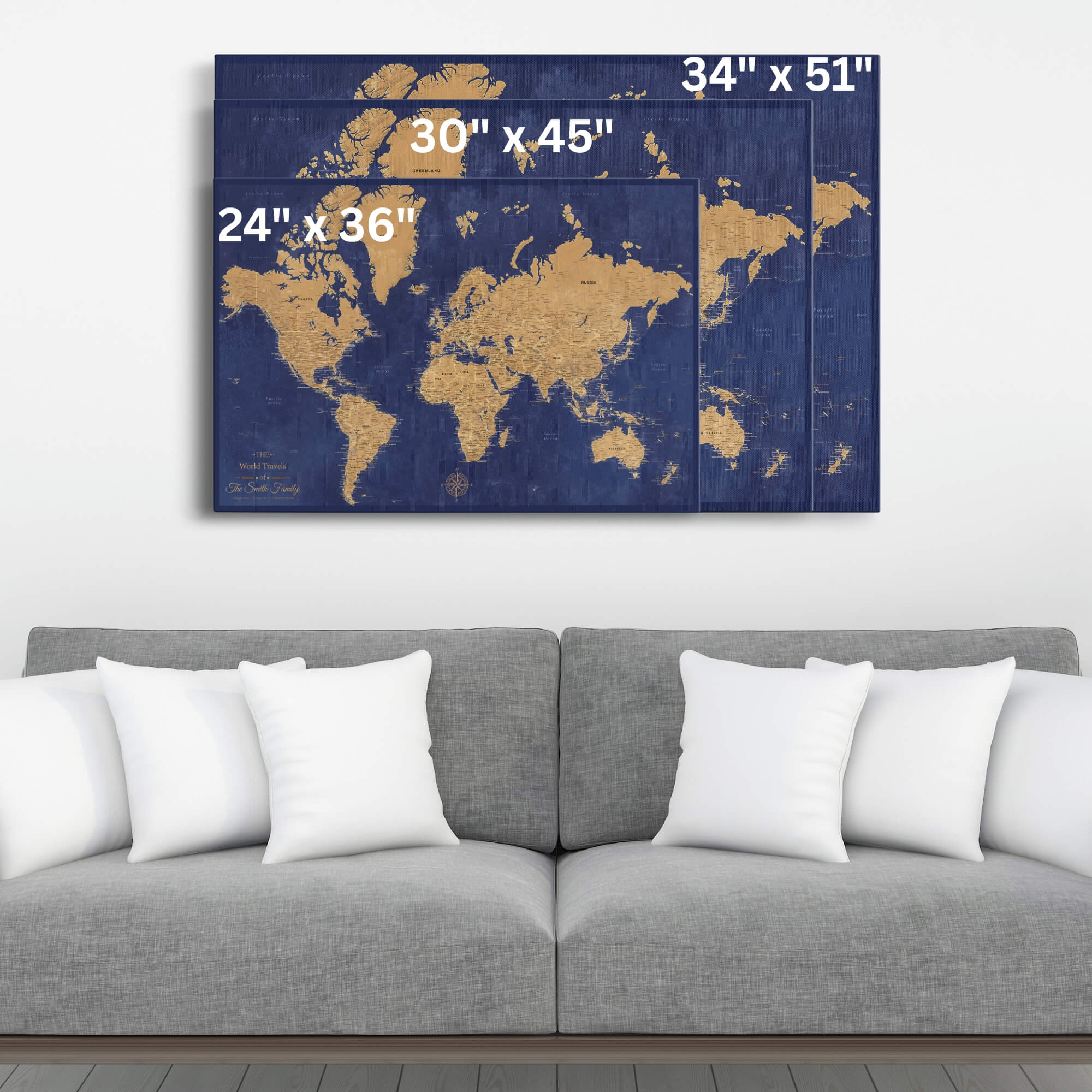 Gallery Wrapped - Gold & Navy World Travel Map with pins