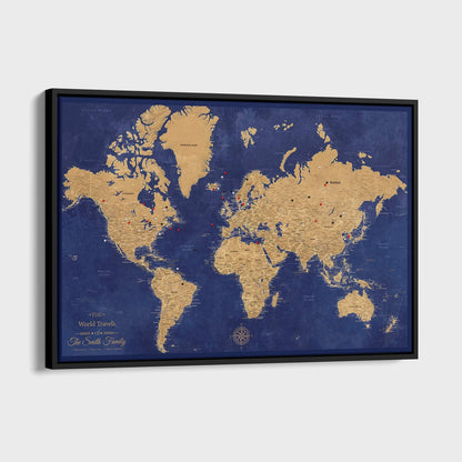 Canvas - Gold & Navy World Travel Map with pins